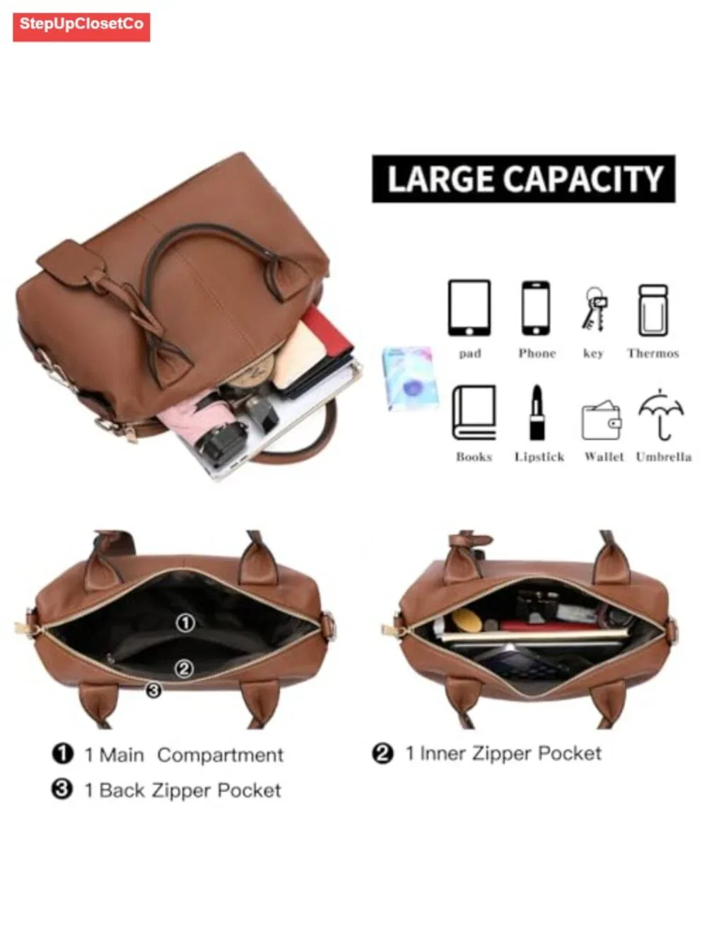 Vegan Leather Tote Bag Women Top Handle Large Capacity Satchel Purse with Zipper